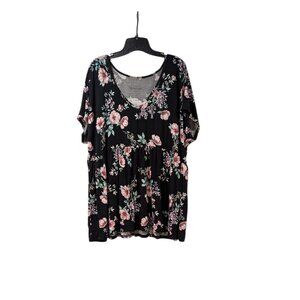 Torrid Super Knits Soft Plus Size Black Floral V-Neck Babydoll Blouse Sz 3